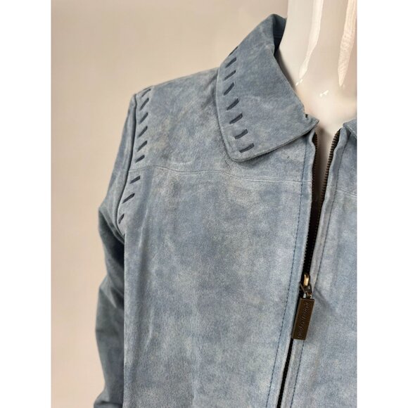 The Quacker Factory Womens Medium Blue Leather Jacket With Sunflower Embroidery - Picture 15 of 16